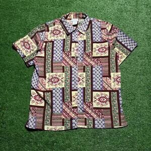 Vintage Y2K Swann Patchwork Print Button Up Shirt L Short Sleeve